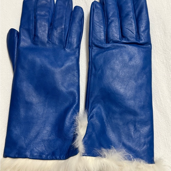 NWOT Women’s Vintage Paolo Vico Cobalt Blue Genuine Leather and Fur Gloves - Picture 3 of 9